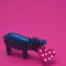 A hippo carries a heart in its mouth on a pink background. Minimalistic romantic scene