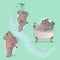 Hippo cartoon taking a shower, in the bathtub and trying off design