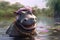 a hippo with a crown and flowers on its head