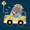 Hippo driving car, vector cartoon illustration