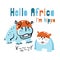 Hippo family in scandinavian style. Hello Africa. Lettering for print. Cute characters on white background. Vector