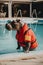 A hippo in a life jacket sitting on the edge of a pool. Generative AI image.