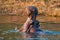 Hippo with open mouth, Zambezi river, Africa