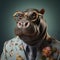 hippo in suit and tie wearing round glasses and flower printed shirt