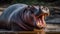 A hippo yawning displaying its massive teeth created with Generative AI