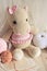 Hippopotamus crochet Vintage background Toy for kids Hippo knitting Handmade Hippie soft toy Cute woolen Hippie baby for children