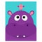 Hippopotamus head facelooking up to bird. Cute cartoon character hippo with tooth. Violet behemoth river-horse icon. Baby animal c