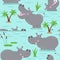 Hippopotamus pattern design with several hippos - funny hand drawn doodle, seamless pattern.