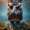 Hippopotamus stands under the crystal clear water