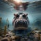 Hippopotamus stands under the crystal clear water