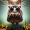 Hippopotamus stands under the crystal clear water