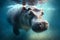 Hippopotamus swims underwater in river or lake, wild hippo in water