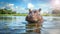 hippos bathing in the middle of the lake with a clear sky in the background