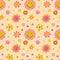 Hippy flower seamless pattern. Hippie style blossoms, retro vintage background, 60s and 70s abstract, bright colors childish cute