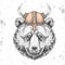 Hipster animal bear wearing a viking helmet. Hand drawing Muzzle of bear