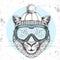 Hipster animal cheetah in winter hat and snowboard goggles. Hand drawing Muzzle of cheetah