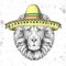 Hipster animal lion wearing a sombrero hat. Hand drawing Muzzle of lion