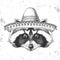 Hipster animal raccoon wearing a sombrero hat. Hand drawing Muzzle of raccoon