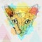 Hipster animal realistic and polygonal sphynx cat face on watercolor background