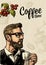 Hipster barista holding cup coffee and branch with leaf and berry.