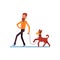 Hipster bearded man and his dog walking flat cartoon vector illustration isolated.