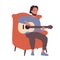 Hipster boy sitting in armchair and playing guitar