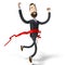 Hipster businessman cartoon character at finishing line - winner, success, victory concept - 3D illustration