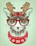 Hipster cat dressed in red glasses and deer horns hat and red knitted sweater, new year card