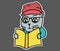 Hipster cat reading book. Cool cat in glasses, clothes, hat, scarf, sweater drinking coffee. Flat style sticker for t-shirt,