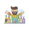 Hipster caucasian bartender with beard standing at the bar counter. Bartender with bottle in hands. Flat illustration