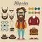 Hipster character and hipster elements, items, fashion, vector