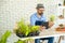 Hipster elderly men learn to take care of plants online with tablets and show trees, a hobby of urban home gardening after