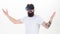 Hipster exploring virtual reality. Virtual presentation. Man bearded hipster VR glasses white background. Interactive