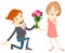 Hipster funny man kneeling giving flowers to the smiling woman.