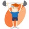 Hipster funny man lifting barbell. Flat style