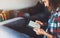 Hipster girl working tablet technology, workplace at home, isolation person holding computer with blank screen,  female hands text