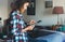 Hipster girl working tablet technology, workplace at home, isolation person holding computer with blank screen,  female hands text