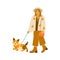 Hipster girls in boho outfits walk with Corgi . Happy pet owner in casual wear. Flat illustration on white background