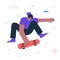 Hipster guy skateboard trick. Young man skateboarder jump. Healthy active lifestyle and extreme sport creative concept