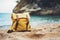 Hipster hiker tourist yellow backpack close up on background blue sea ocean horizon on sand beach, blurred panoramic seascape