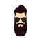 Hipster icon. The head of a brutal man with brown hair and beard in round sunglasses with green lenses in a purple frame.