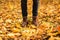 Hipster legs in brown shoes in autumn park