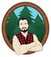 Hipster or lumberman on green wild spruce background in wooden frame