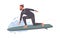 Hipster male surfer in wetsuit standing one knee on surfboard riding at wave vector flat illustration. Professional