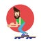 A hipster man with the beard riding a skateboard