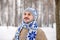 Hipster man with beard at winter in knit sweater, hat, scarf