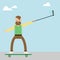 Hipster man character on skateboard making selfie photo with selfie stick. Vector illustration