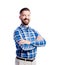 Hipster man in checked blue shirt, studio shot, isolated