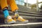 Hipster man with different pair of socks and yellow sneakers sitting on stairs outdoors. Teenager foots in mismatched