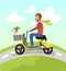 Hipster man riding yellow scooter with his jack russell terrier dog cartoon vector Illustration